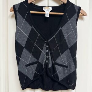 Talbots Petites Black & Grey Merino Wool Argyle Cropped Sweater Vest. Size Small